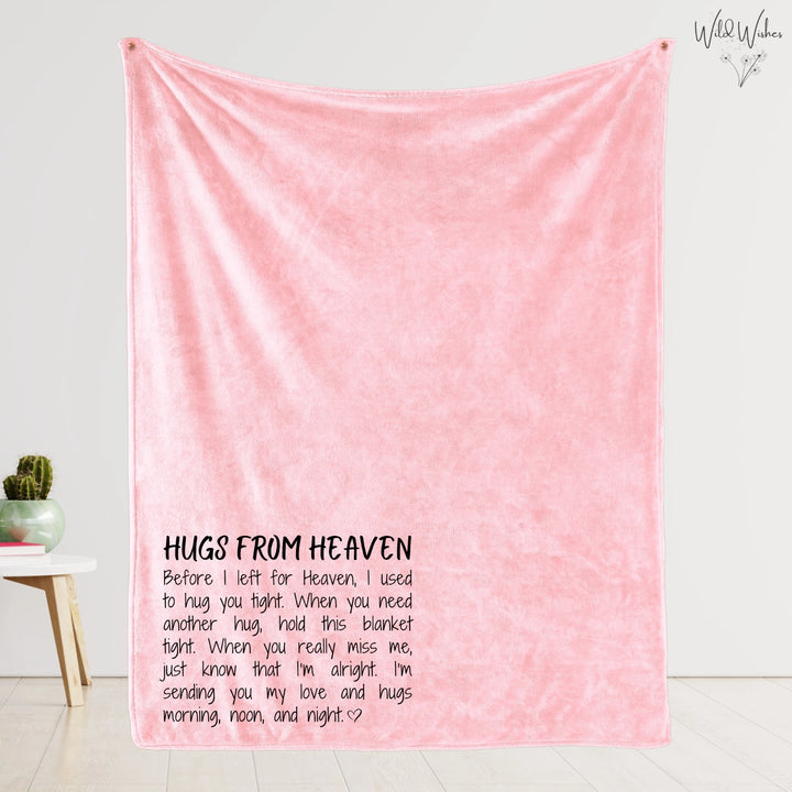 Pink Hugs from Heaven memorial throw blanket displayed with the poem visible in the left corner.