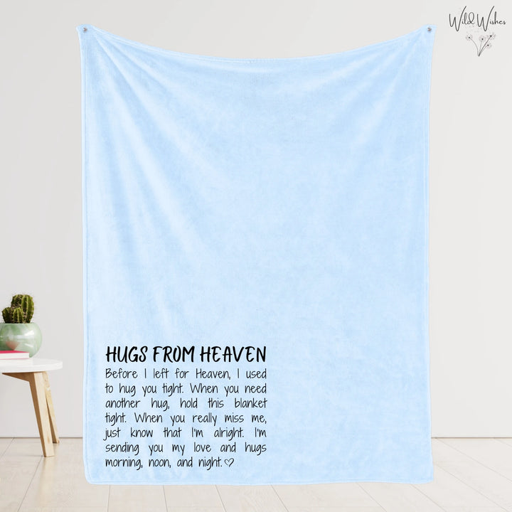 Blue cozy 'Hugs from Heaven' blanket draped to showcase memorial poem in left corner